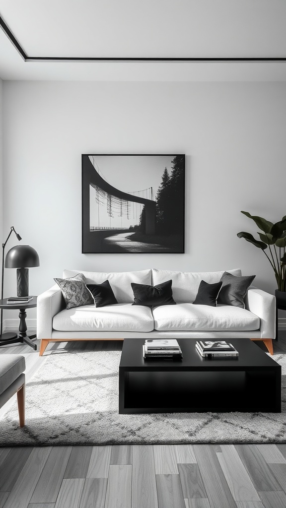 A stylish living room featuring a cream couch, black and white art, dark pillows, and a black coffee table.