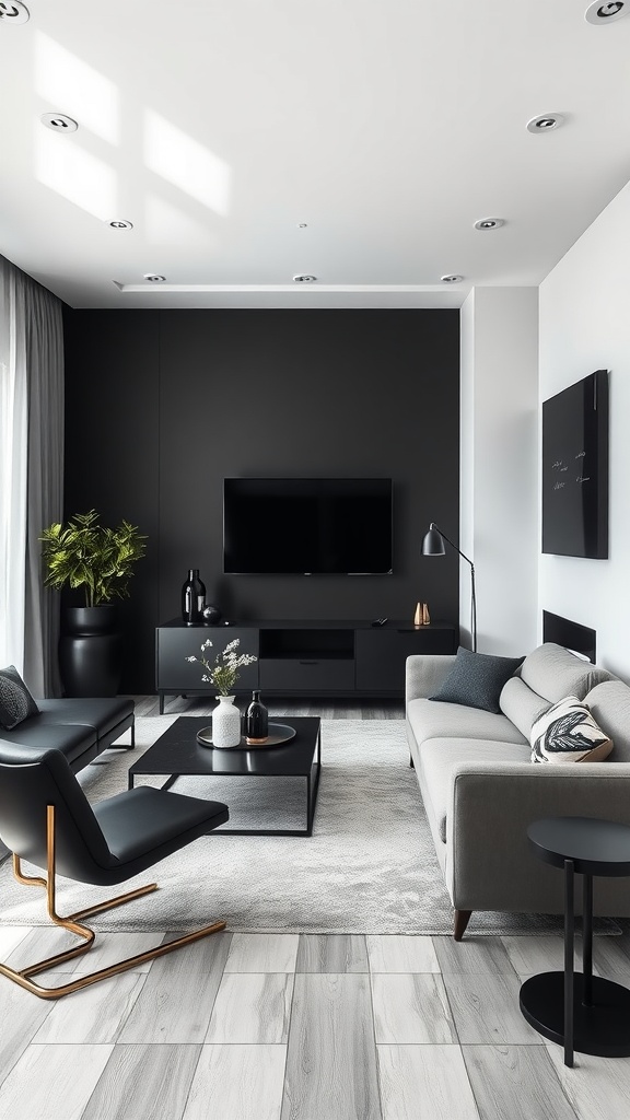 Modern living room featuring black walls, grey sofa, and minimalist furniture.