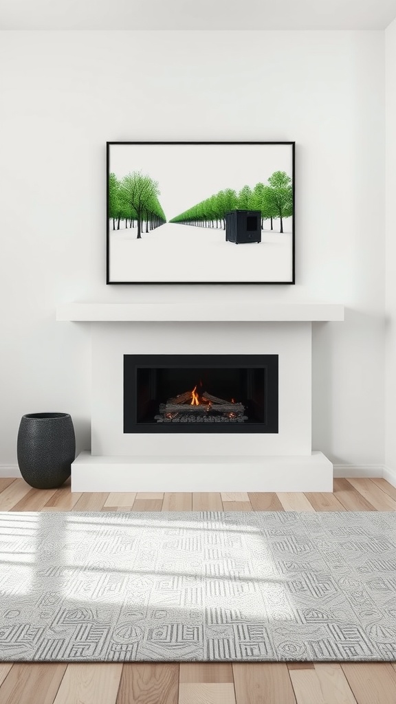 Modern living room featuring monochrome green and black art above a white fireplace.