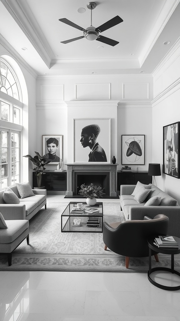 A monochrome living room featuring gray furniture, black and white artwork, and a stylish layout