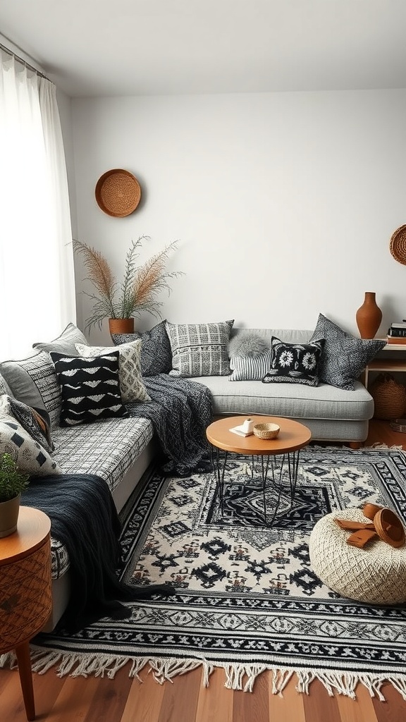 A cozy boho living room featuring monochrome textiles and patterns, with a sofa adorned with patterned cushions, a decorative rug, and wooden furniture.