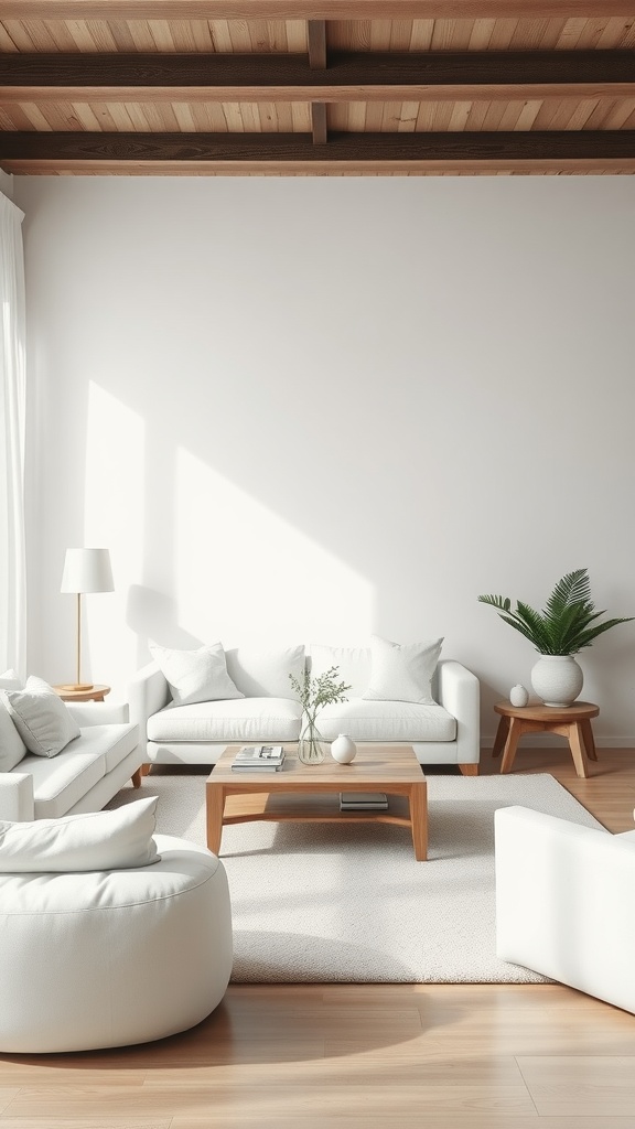 A bright and inviting white living room with layered textures and natural light.