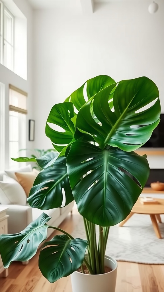 A large Monstera plant with vibrant green leaves displayed in a modern living room setting.