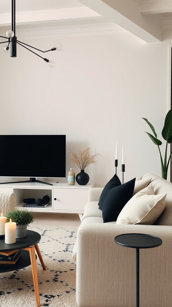 A stylish black and cream living room with cozy accents.