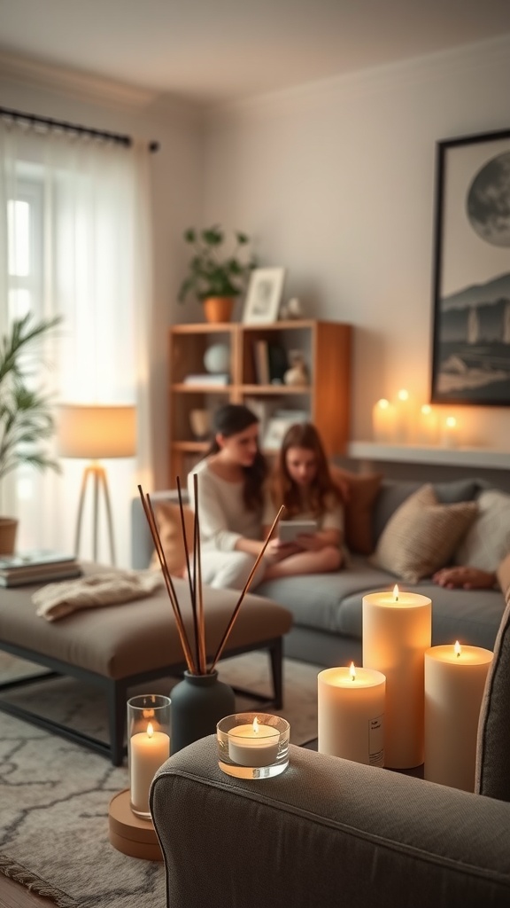 Cozy living room with candles and a diffuser, creating a warm atmosphere.