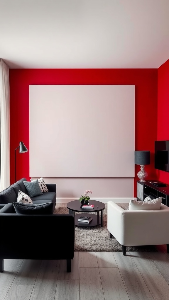 A modern living room with a vibrant red wall, black and white furniture, and a cozy atmosphere.