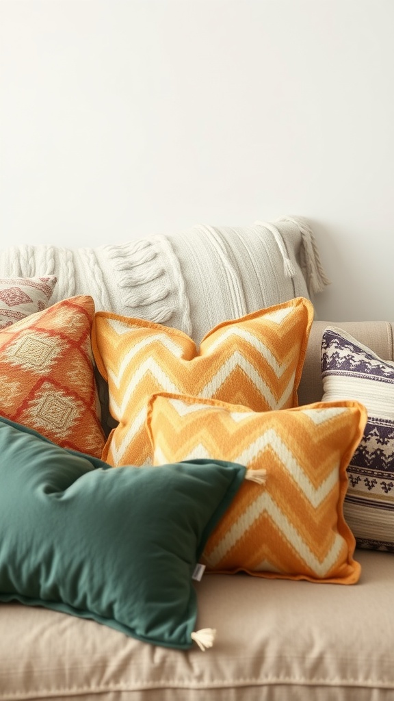 A cozy arrangement of throw pillows in fall colors on a couch