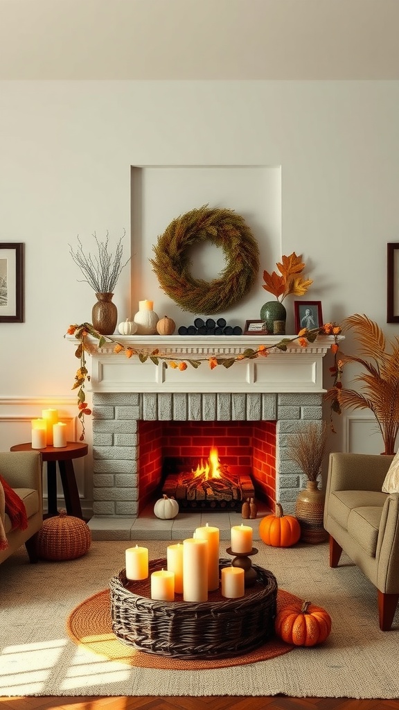 A cozy fall living room featuring a fireplace adorned with candles, a wreath, and pumpkins, creating a warm atmosphere.