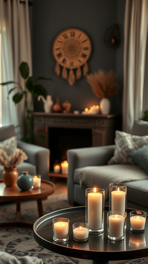 A cozy boho living room featuring multiple scented candles on a table, creating a warm atmosphere.