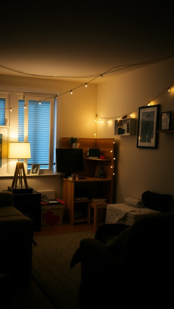 A cozy dorm living room with mood lighting, featuring fairy lights and a floor lamp.