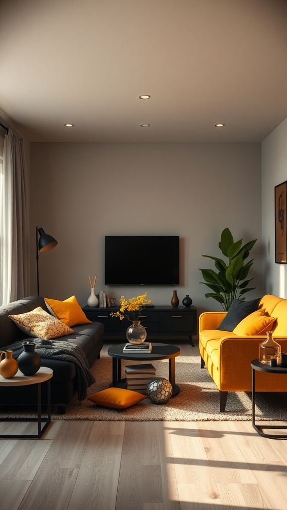 Living room with black and yellow decor featuring a yellow sofa, black coffee tables, and warm lighting.