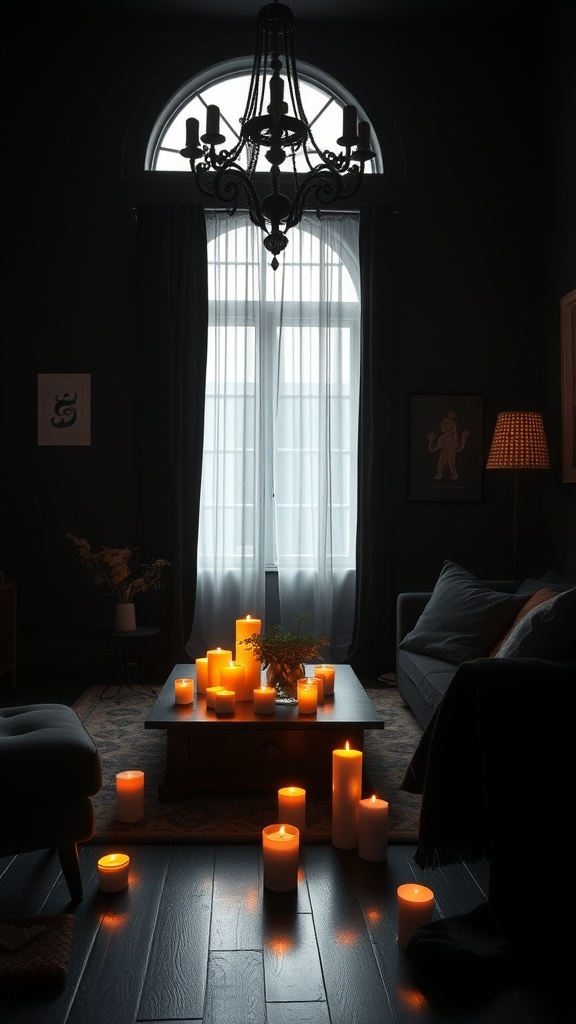 A cozy black boho living room illuminated by candles, with soft furnishings and a warm atmosphere.