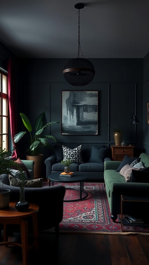 A dark boho living room featuring deep green and charcoal walls, cozy furniture, and vibrant decor.