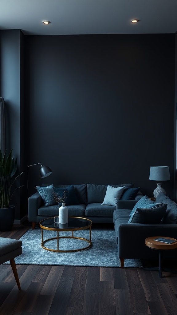 Living room with dark blue accents featuring a sectional sofa, coffee table, and rug.