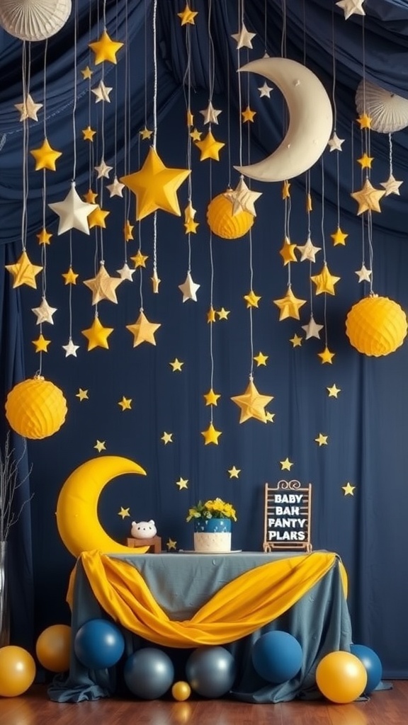 A baby shower decoration featuring a moon and stars theme, with yellow and blue colors, hanging stars, and a decorative table.