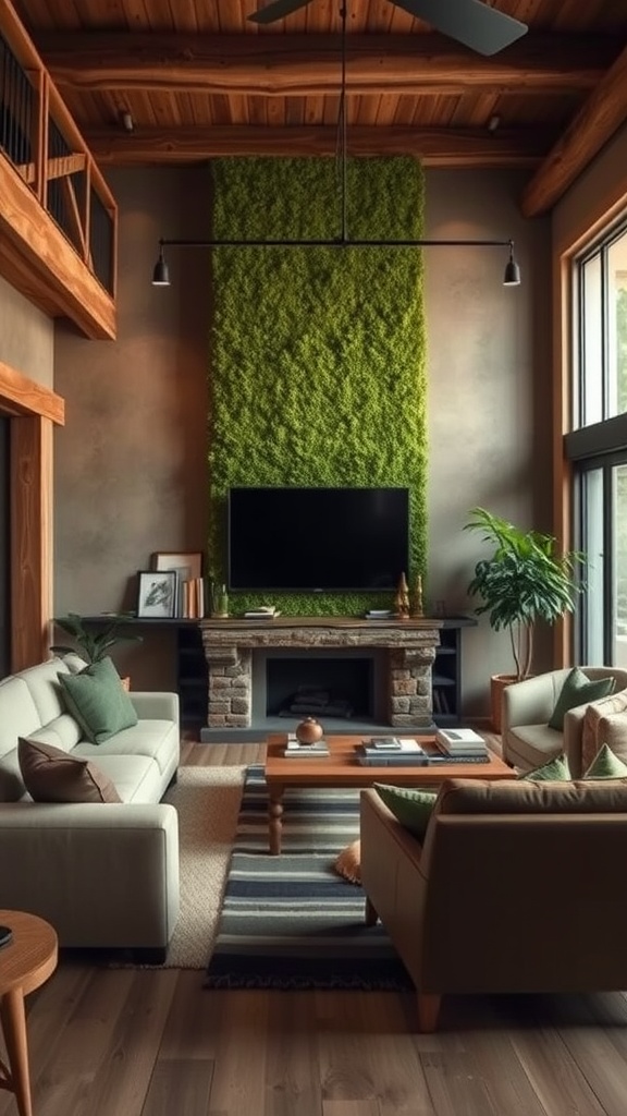 Cozy living room with a mossy green accent wall, wooden ceiling beams, and rustic stone fireplace.