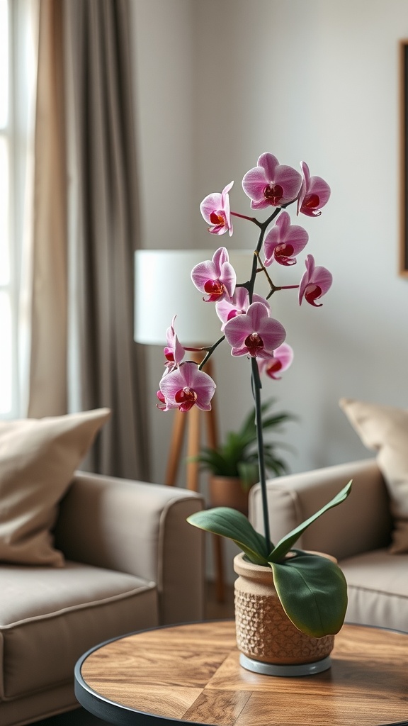 A beautiful moth orchid in a cozy living room setting.