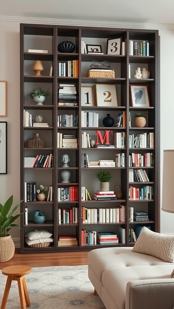 A multi-functional bookshelf filled with books and decorative items, showcasing an organized and stylish living room.