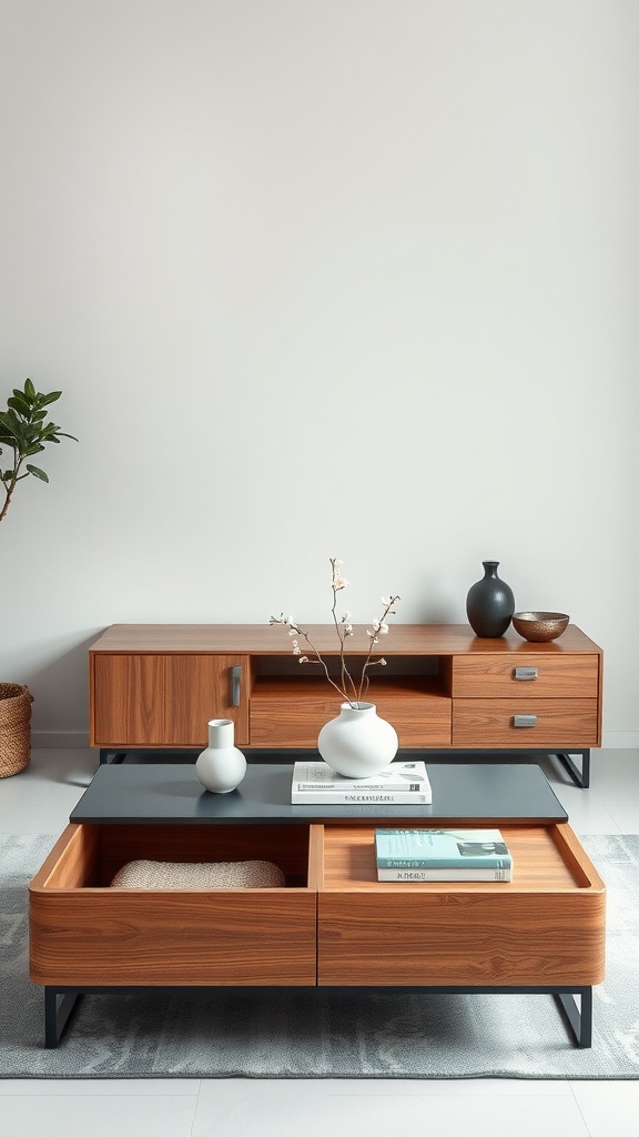 A modern living room with a multi-functional coffee table featuring storage compartments, surrounded by a plant and decorative items.