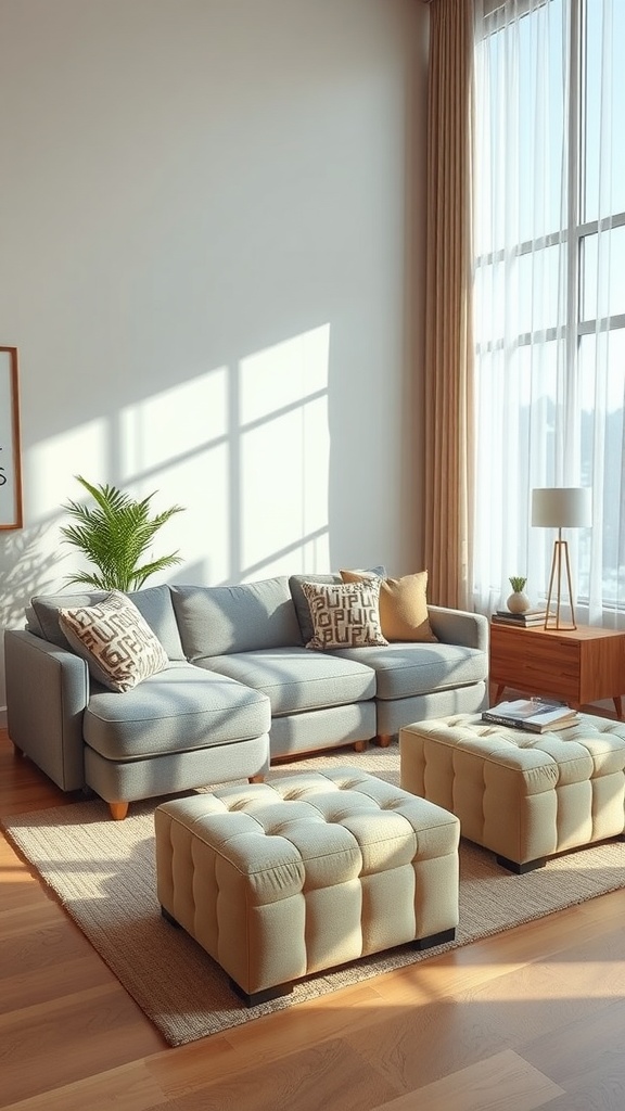 Cozy living room featuring a sofa and multi-functional ottomans with natural light