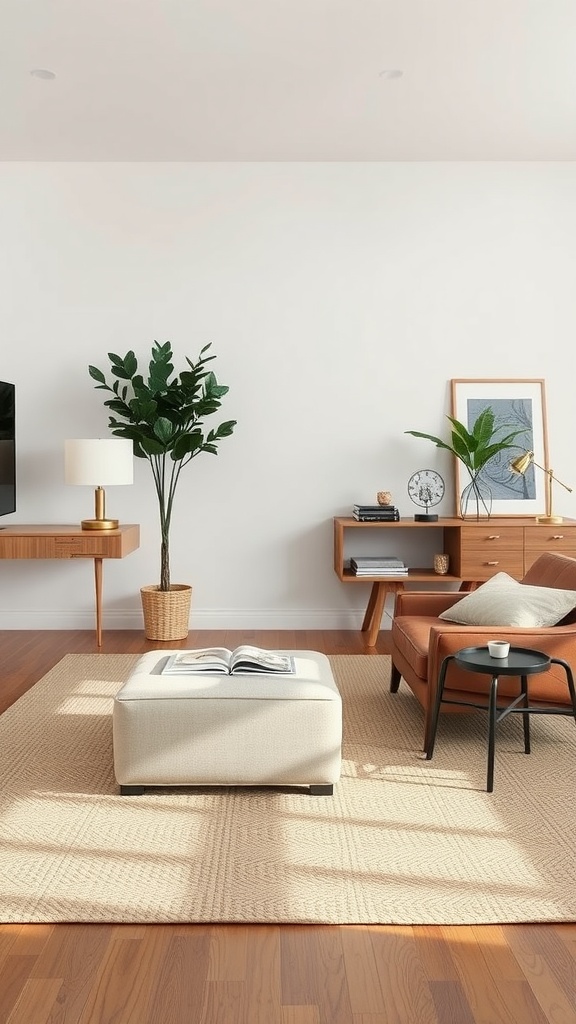 A stylish open living room featuring multi-functional furniture including an ottoman and a side table.