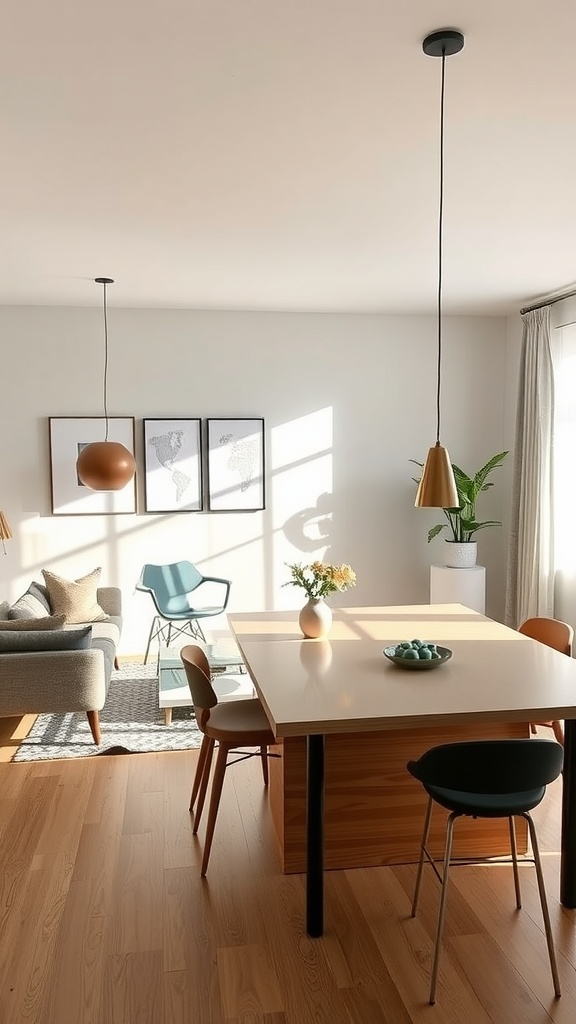 A modern living room and kitchen area featuring a dining table, chairs, and a cozy sofa with plants and light fixtures.