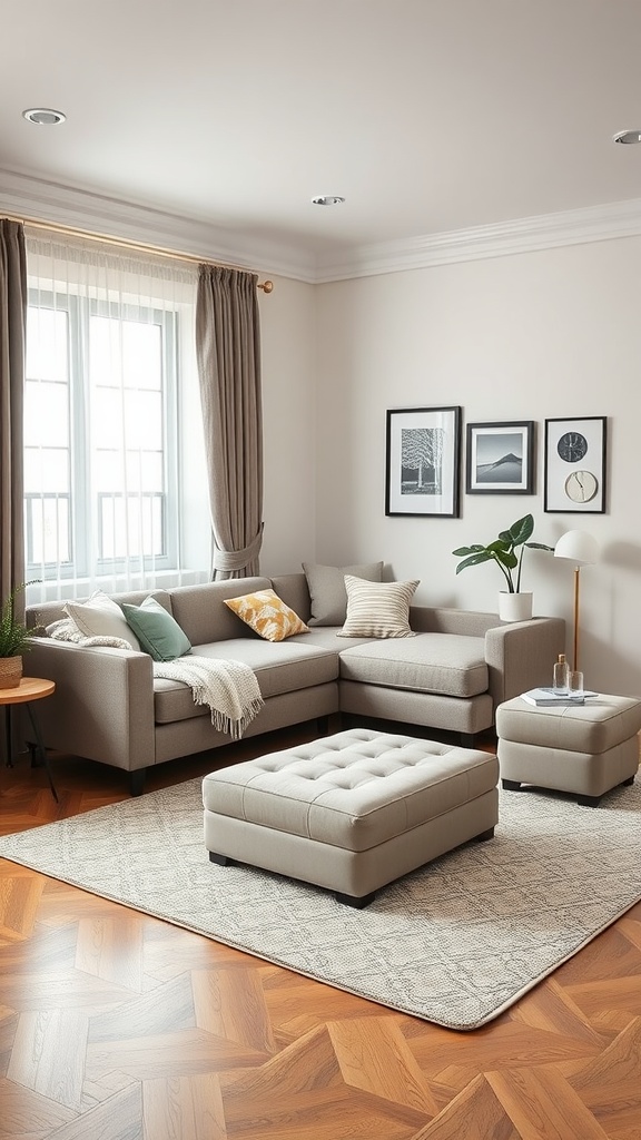 Cozy living room featuring a sectional sofa, ottoman, and wall art.