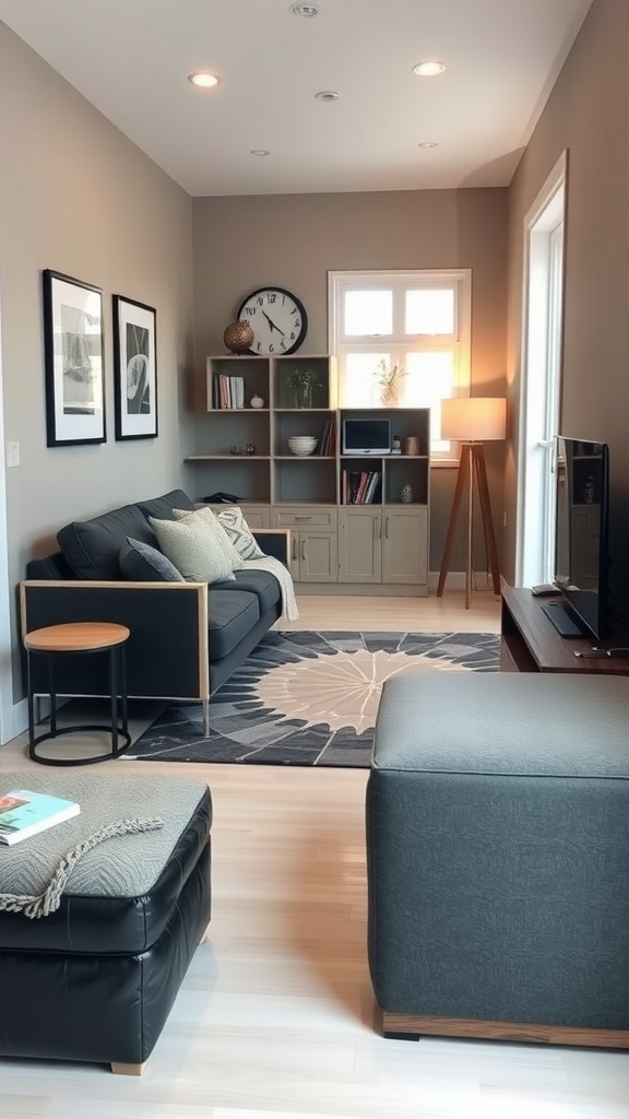 A cozy long narrow living room with a gray sofa, ottoman, and shelving unit.