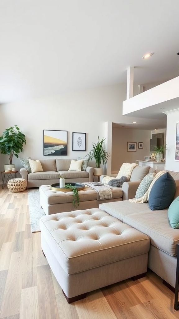 Spacious and stylish living room featuring multi-functional furniture, including a sectional sofa and ottoman.