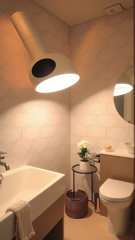 A modern bathroom featuring a multi-functional heat lamp above the sink, with decorative elements like a potted plant and a woven basket.