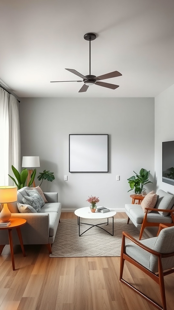 A modern living room with a ceiling fan, seating area, and plants, showcasing multi-functional lighting.