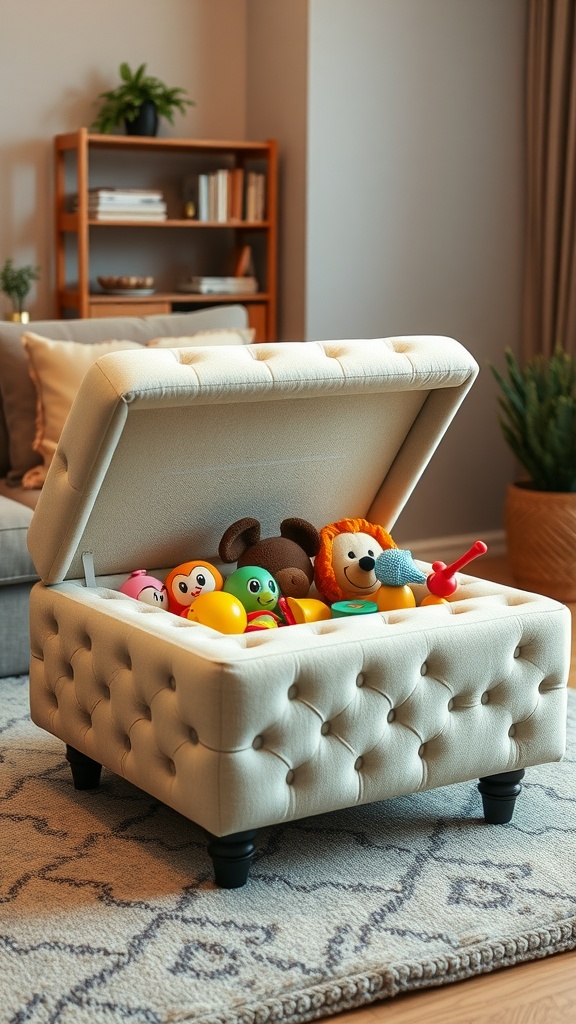 A tufted ottoman with toys inside, showcasing a stylish storage solution for a living room.