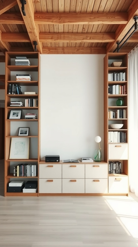 A multi-functional shelving unit in a living room with natural wood finish, featuring open shelves and closed drawers