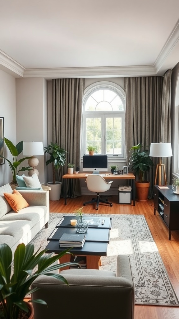 A living room with a comfortable couch, a coffee table, and a work desk by the window.