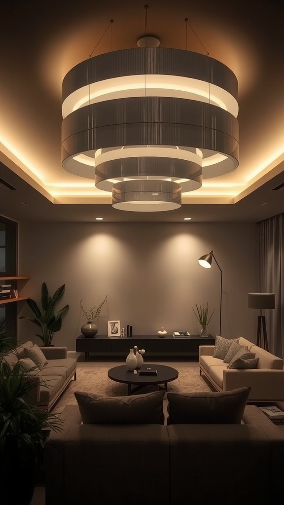 Stylish living room with multi-layered gray lighting and modern decor.