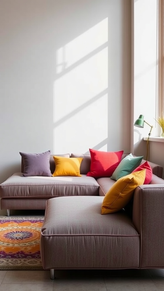 A cozy living room featuring a multi-purpose corner sofa with colorful cushions and a vibrant rug.