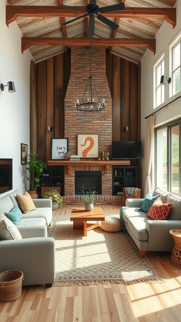 A modern rustic living room with wooden beams, a brick fireplace, and cozy furniture arrangements.