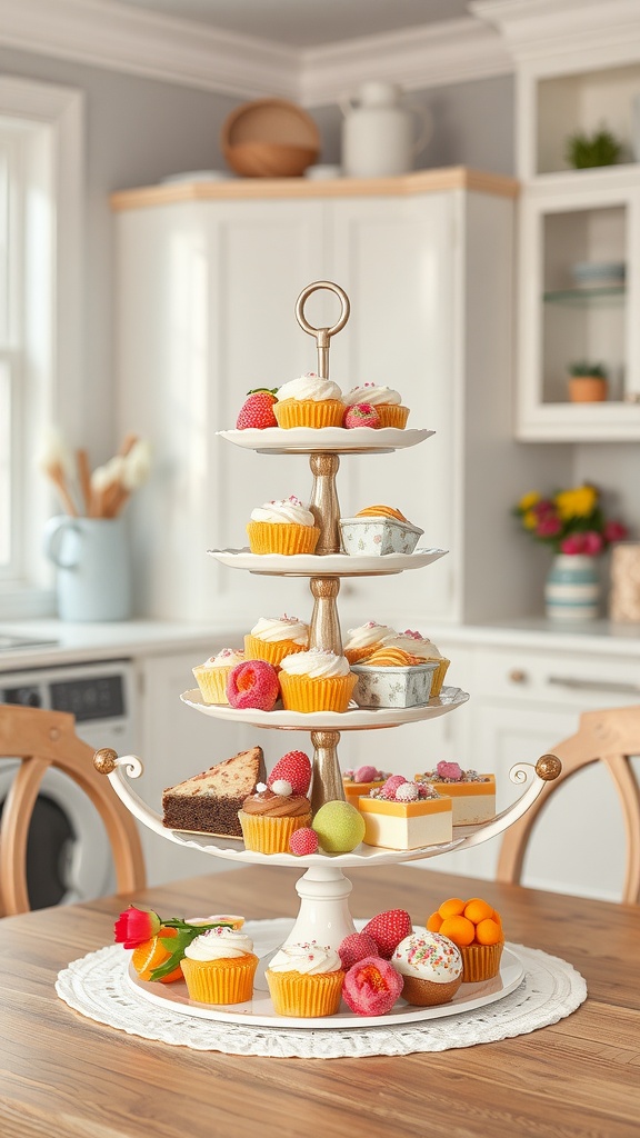 A multi-tiered dessert stand filled with colorful cupcakes, pastries, and fruits on a kitchen table.