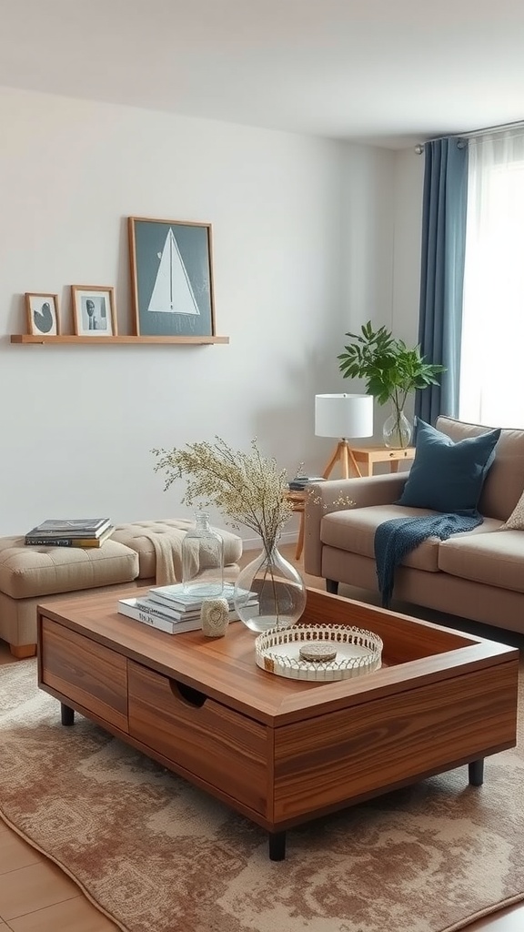 A cozy living room in a dorm featuring a multifunctional wooden coffee table with storage, a comfortable couch, and decorative elements.