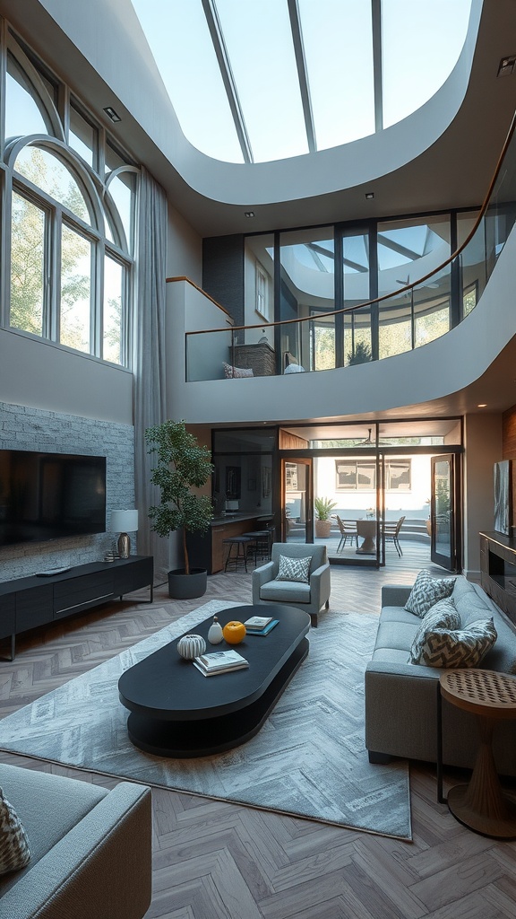 A beautifully designed multilevel sunken living room with large windows and cozy furniture.