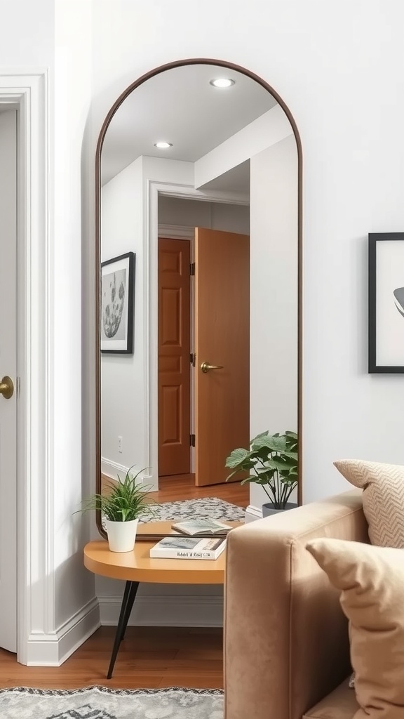 A stylish corner mirror beside a cozy sofa with a small plant and coffee table.