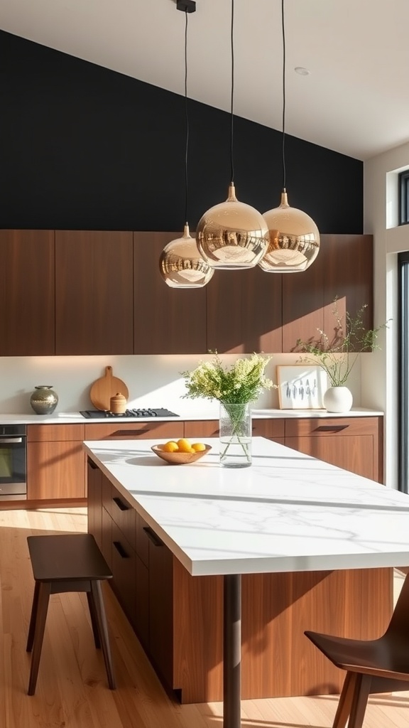 A modern kitchen featuring a dining island with a marble countertop and wooden cabinetry, illuminated by stylish pendant lights.