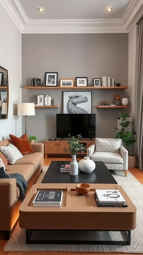 A stylish small living room featuring a multipurpose coffee table, comfortable sofa, and decorative shelving.