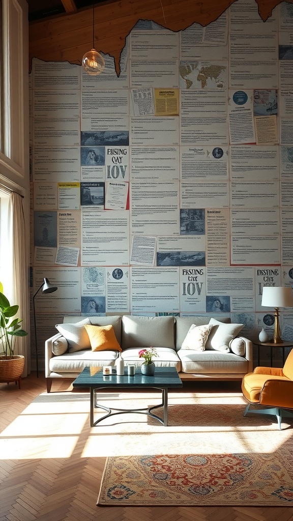 Living room with mural art feature wall and cozy furniture