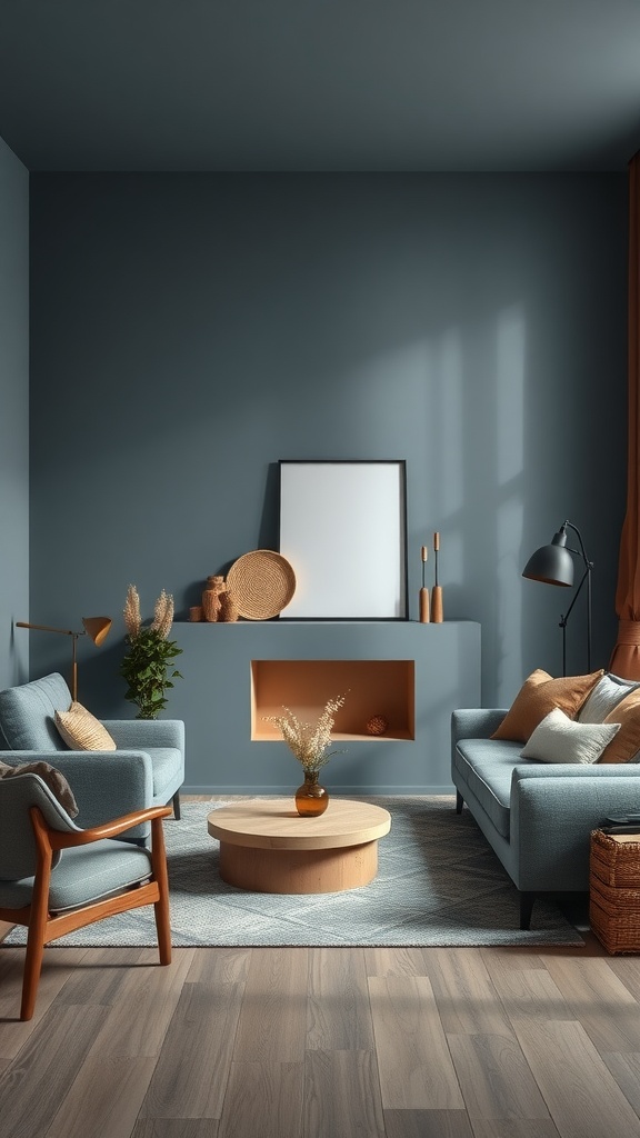 A cozy living room featuring muted blue walls and earthy brown accents, with comfortable blue sofas, a wooden coffee table, and natural elements.