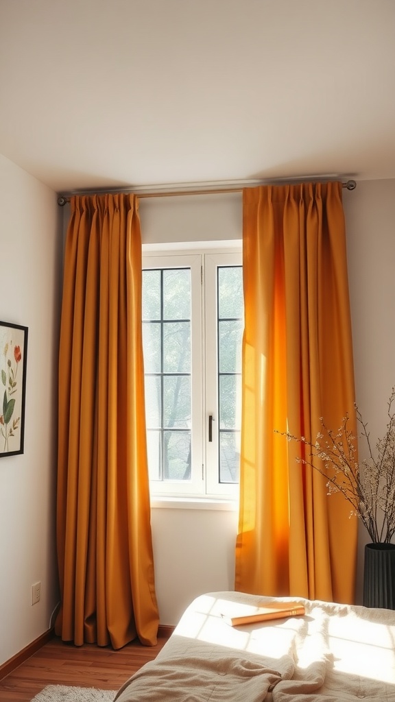 A cozy bedroom with muted mustard curtains framing a window, letting in soft natural light