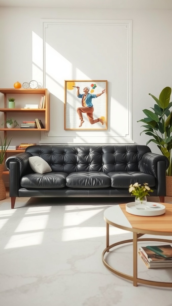 Living room featuring a black leather couch with pastel accents and natural light