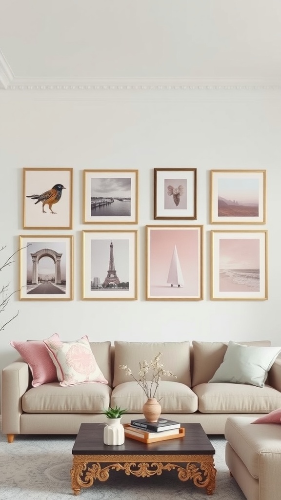 Living room featuring muted pink art pieces above a beige sofa