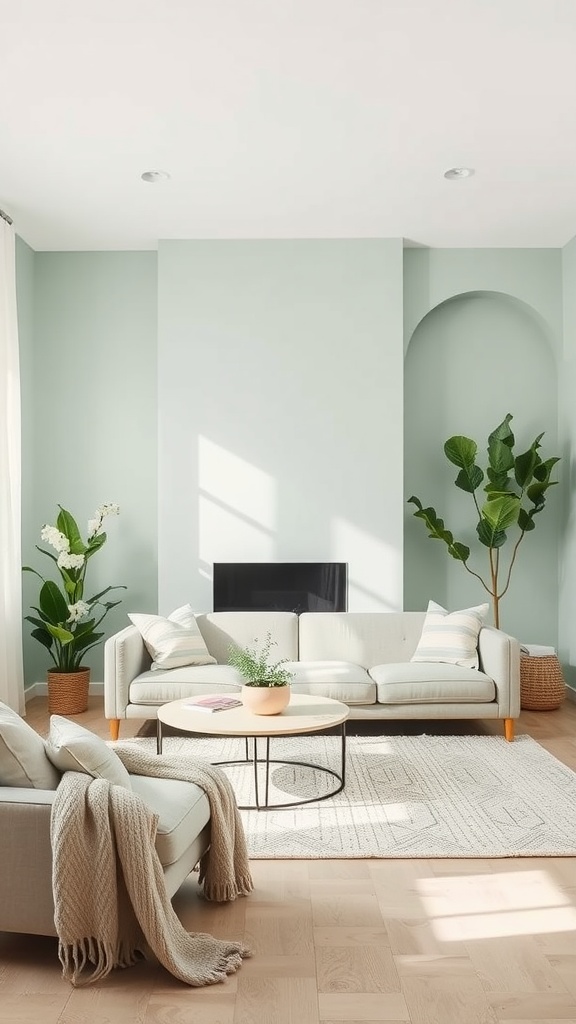 A living room featuring muted seafoam green walls, light furniture, and indoor plants.