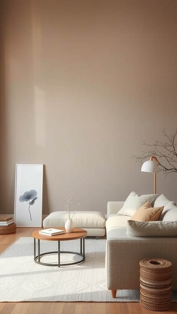 A cozy living room featuring muted taupe walls, light-colored sofa, round coffee table, and decorative elements.